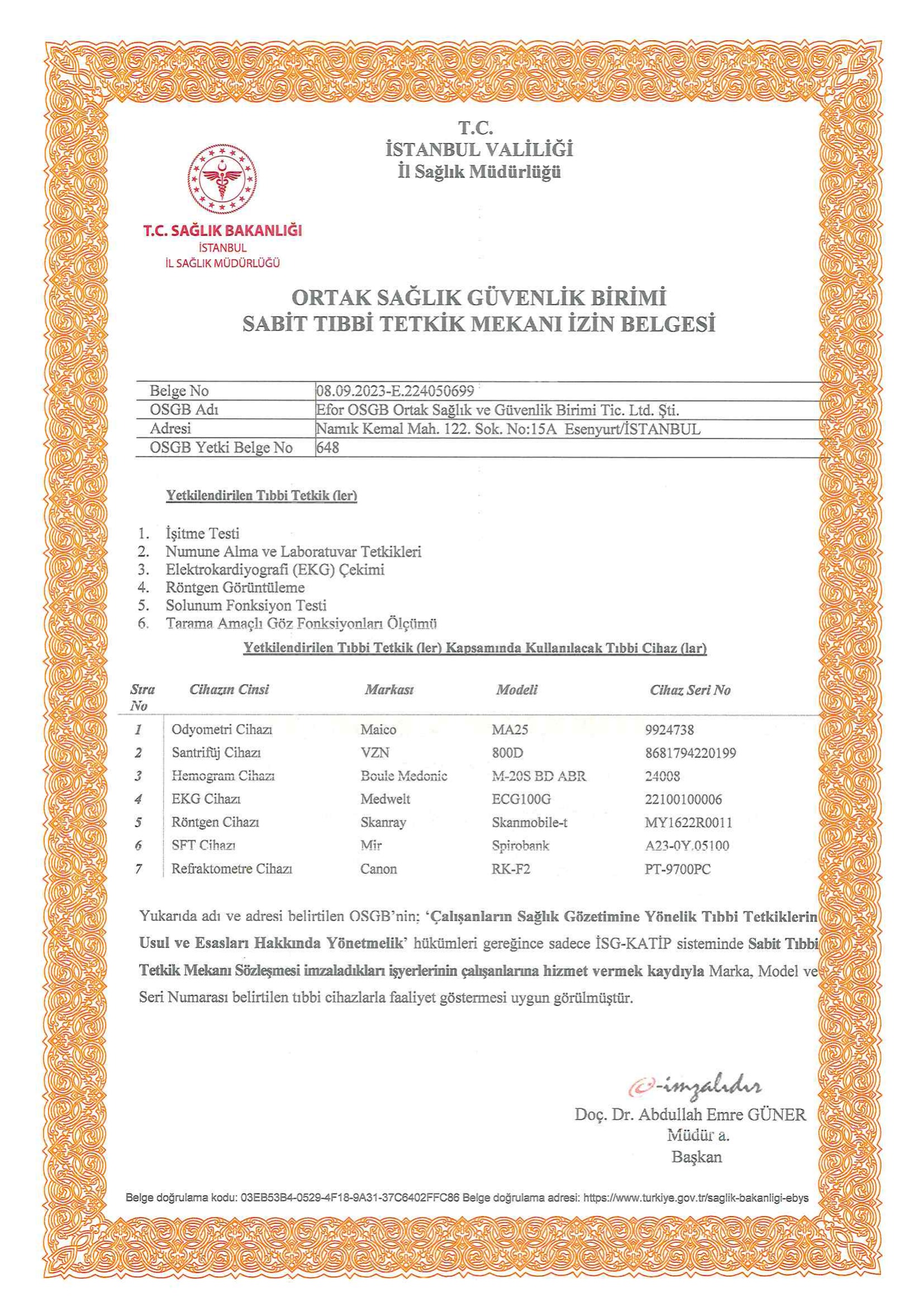 EFOR OSGB Sabit Tıbbi Tetkik Mekanı İzin Belgesi